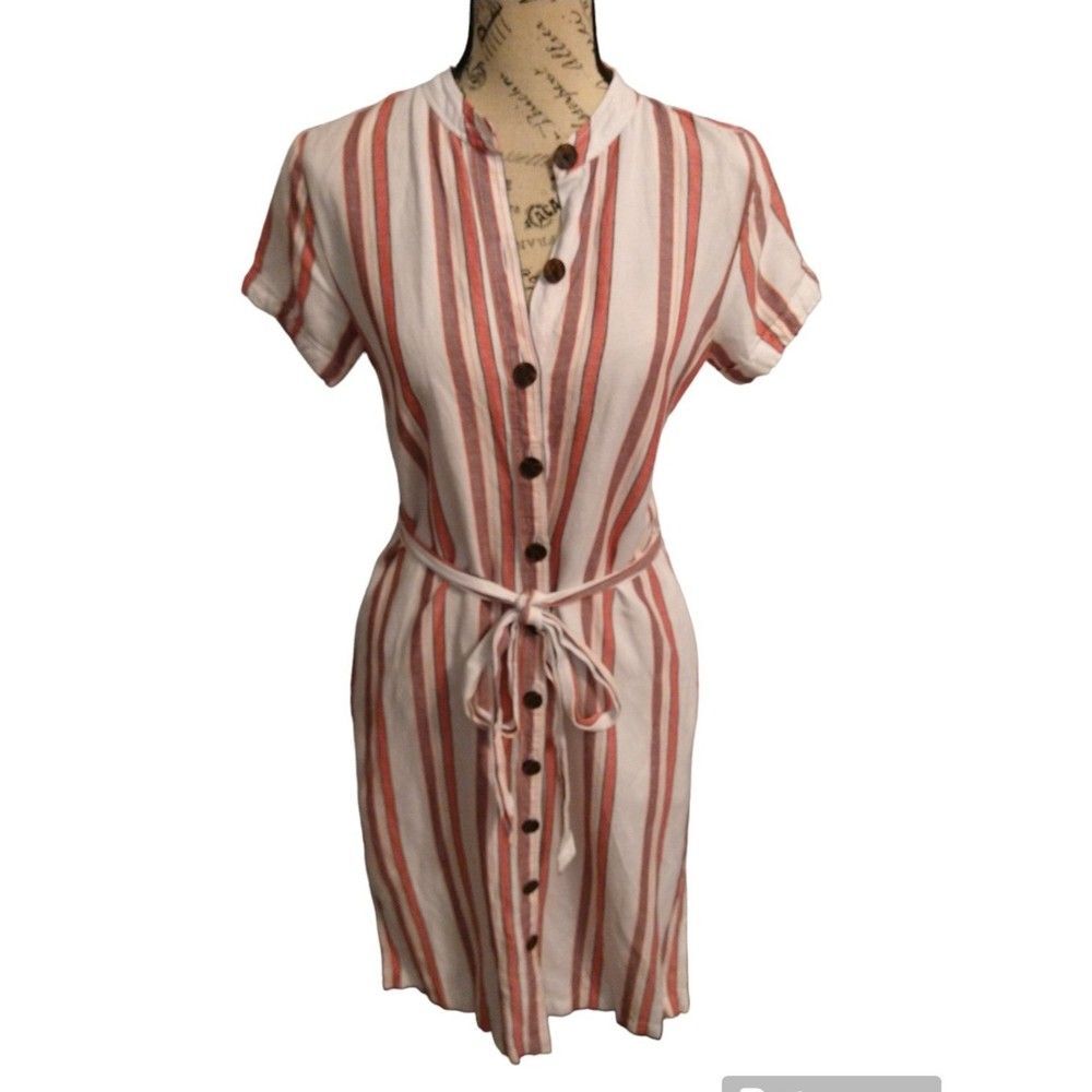 Loft linen Striped Belted dress Boho Brachy Size 0 Neutral Multicolor